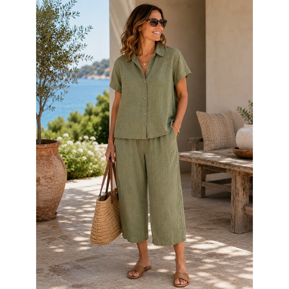 Eileen Fisher 2 Piece Set Womens Large Green 100% Organic Linen Shirt Pants